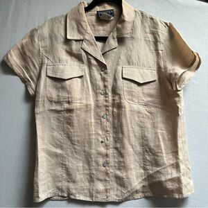 Hechter Basics 100% Linen Button Up Blouse L Beige Camp Shirt